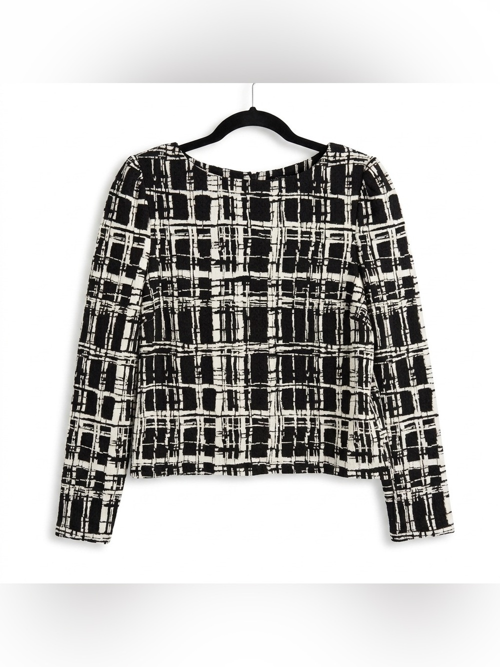 Eva Longoria Black & White Grid-Print Long Sleeve Top